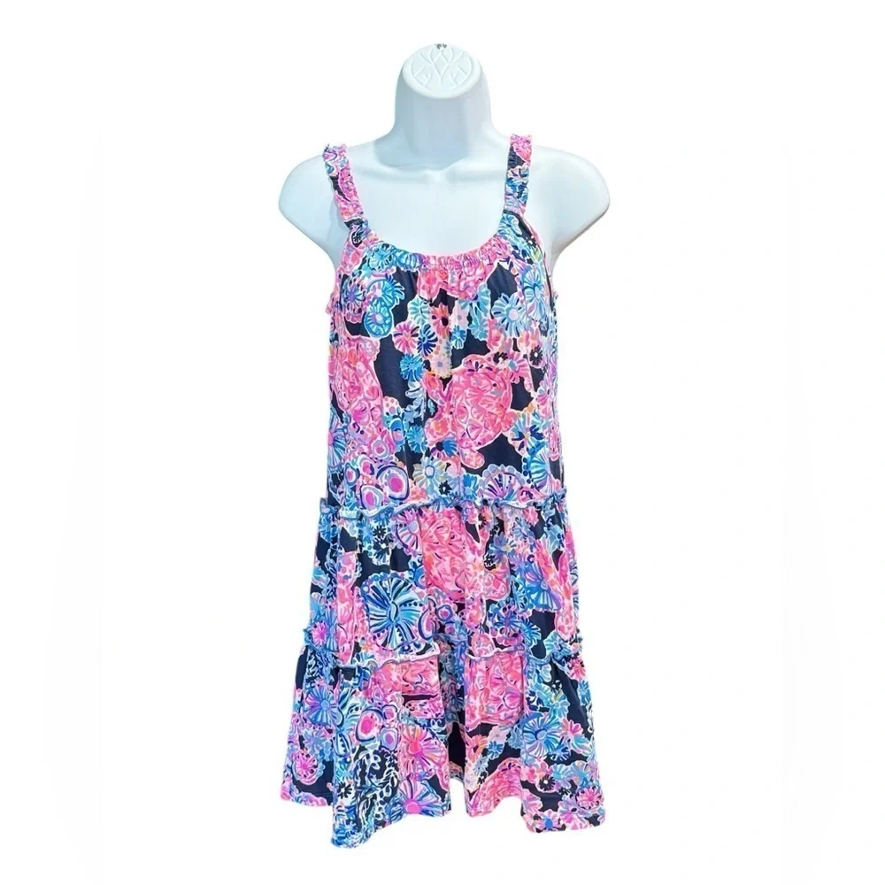 Lilly Pulitzer Loro High Tide navy & pink cotton floral tiered ruffle dress XXS